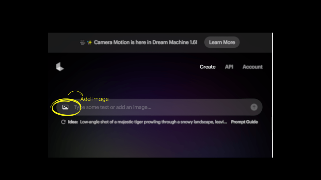 Screenshot of what button to click to add an image to Luma Labs AI tool Dream Machine