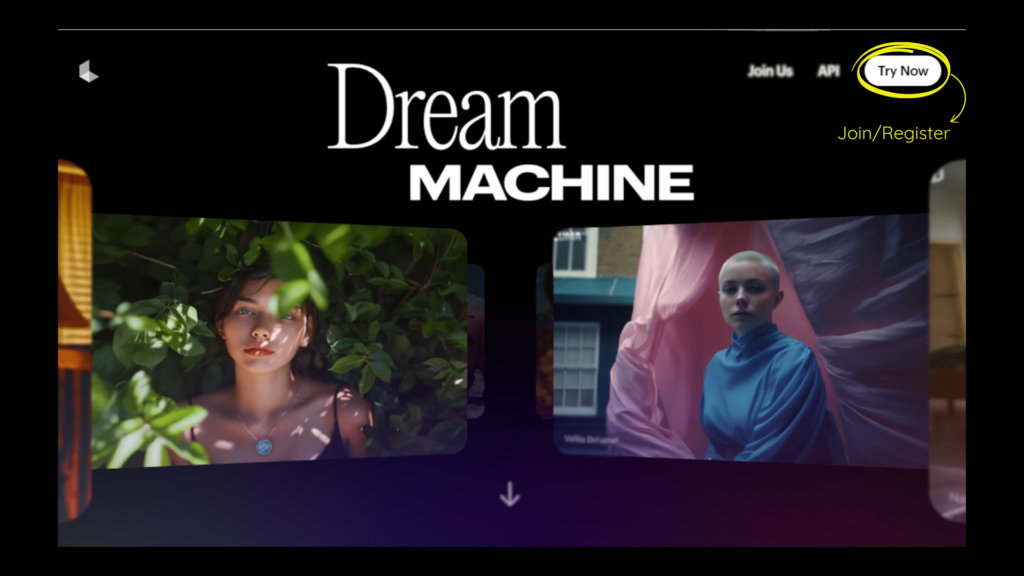 Screenshot of what button to click to join Luma Labs AI tool Dream Machine