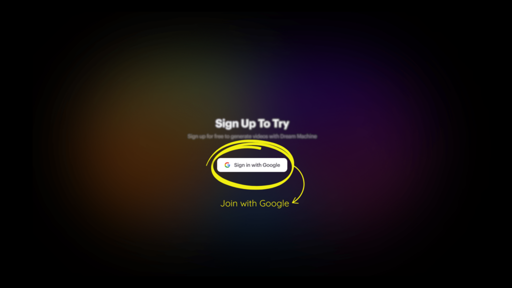 Screenshot of sign up button to Luma Labs AI tool Dream Machine with Google