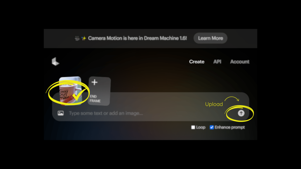 Screenshot of what button to click to upload a previously added image to Luma Labs AI tool Dream Machine