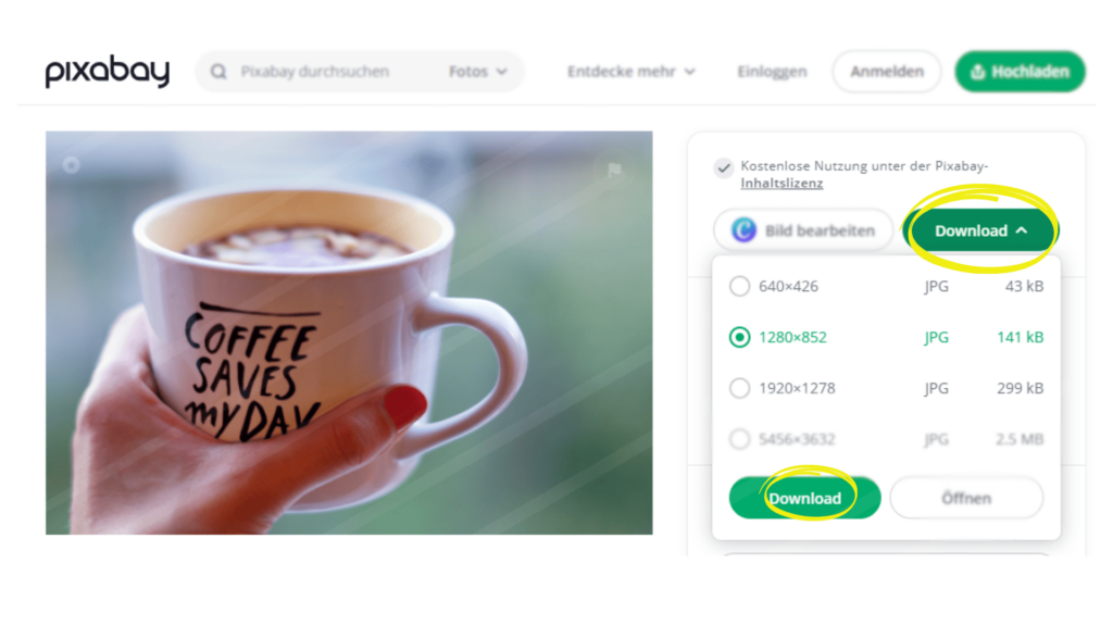 Screenshot of a tutorial on how to download a free image of a coffee mug that says "Coffee Saves My Day" from Pixabay
